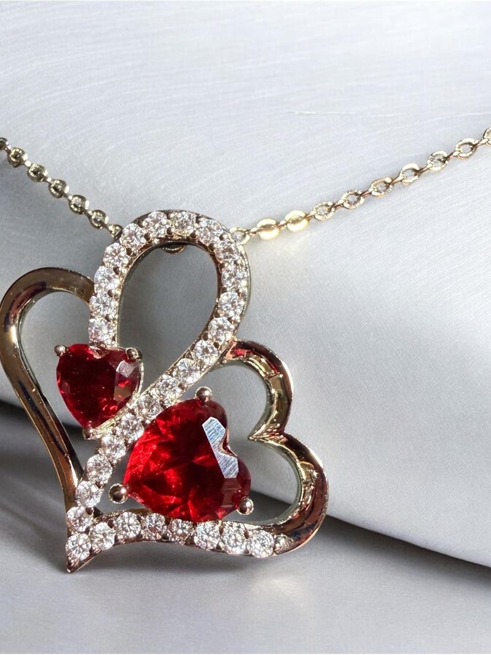 Elegant Heart Pendant Necklace with Red Gemstones
